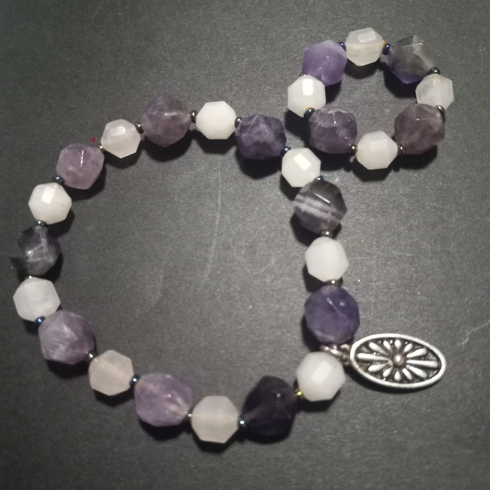 Amethyst & Rose Quarts Beaded Bracelet &Ring Set